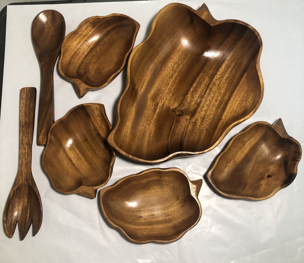 Vintage Monkey Pod Salad bowl set 7 pcs Tiki luau Retro MCM minimalist modern